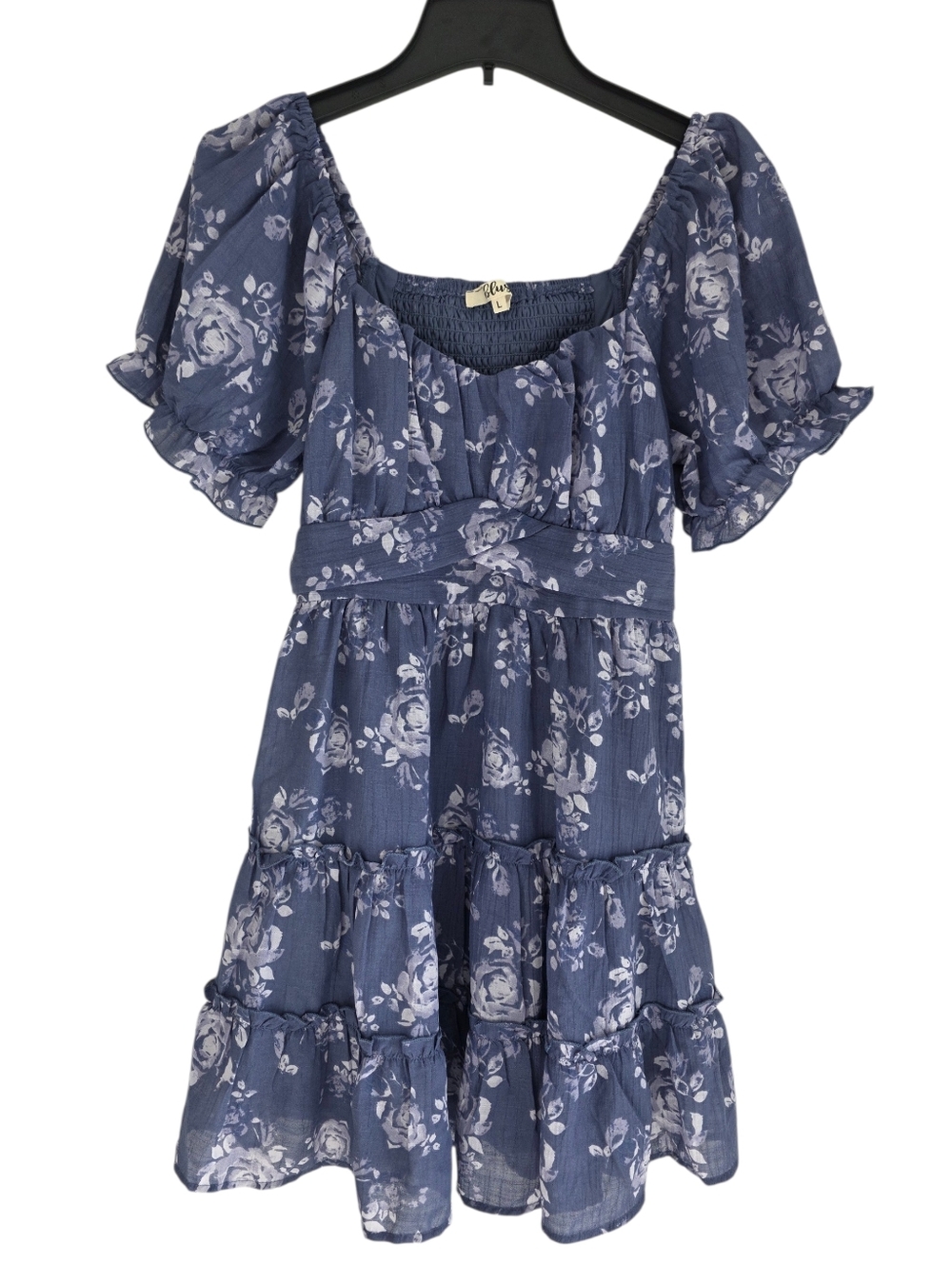 Blush Floral Mini Dress Puff Sleeves Tiered Skirt Blue Size Large